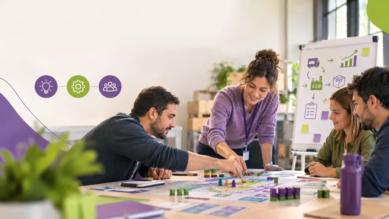 Equipo aprendiendo Lean con una dinámica de juego de mesa en una capacitación
