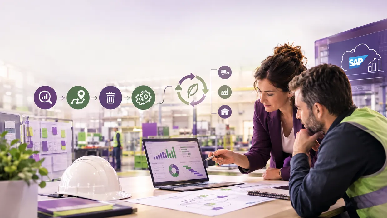 Equipo analizando un proceso logístico en un depósito, con íconos de mejora de procesos y SAP